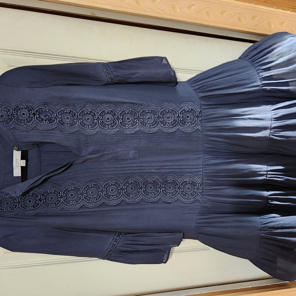 LOFT Blue 3/4 Sleeve Pleated Ruffled Dress - Picture 3 of 8